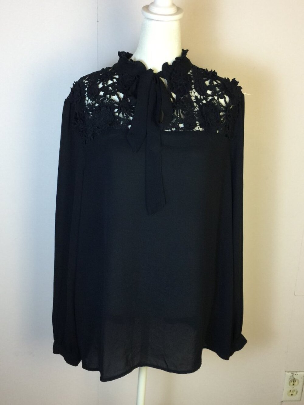 Halogen Blouse Top XL Womans Black Lace Panel Mock Tie Neck Long Sleeves Sheer